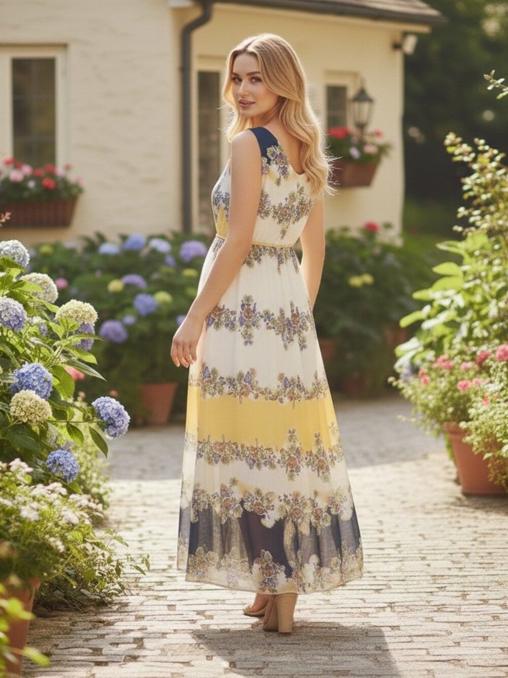 Floral Maxi Dress Sleeveless A Line Cottagecore Romantic Feminine Yellow - Picture 3 of 8